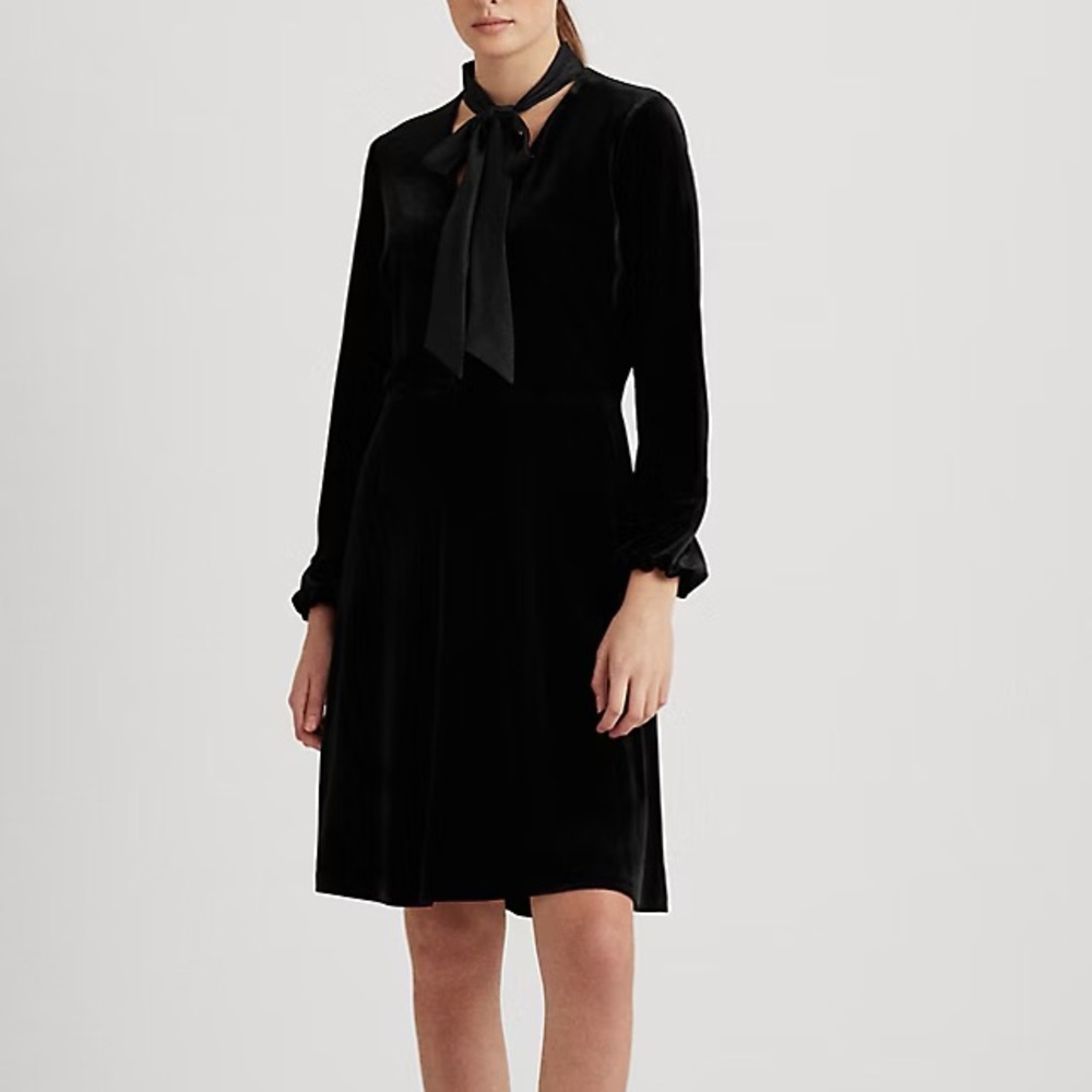 NWT Ralph Lauren Long Sleeved Velvet Black Dress - Size 14